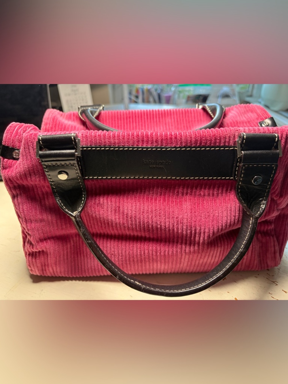 kate spade Pink Corduroy Tote with Black Leather Trim